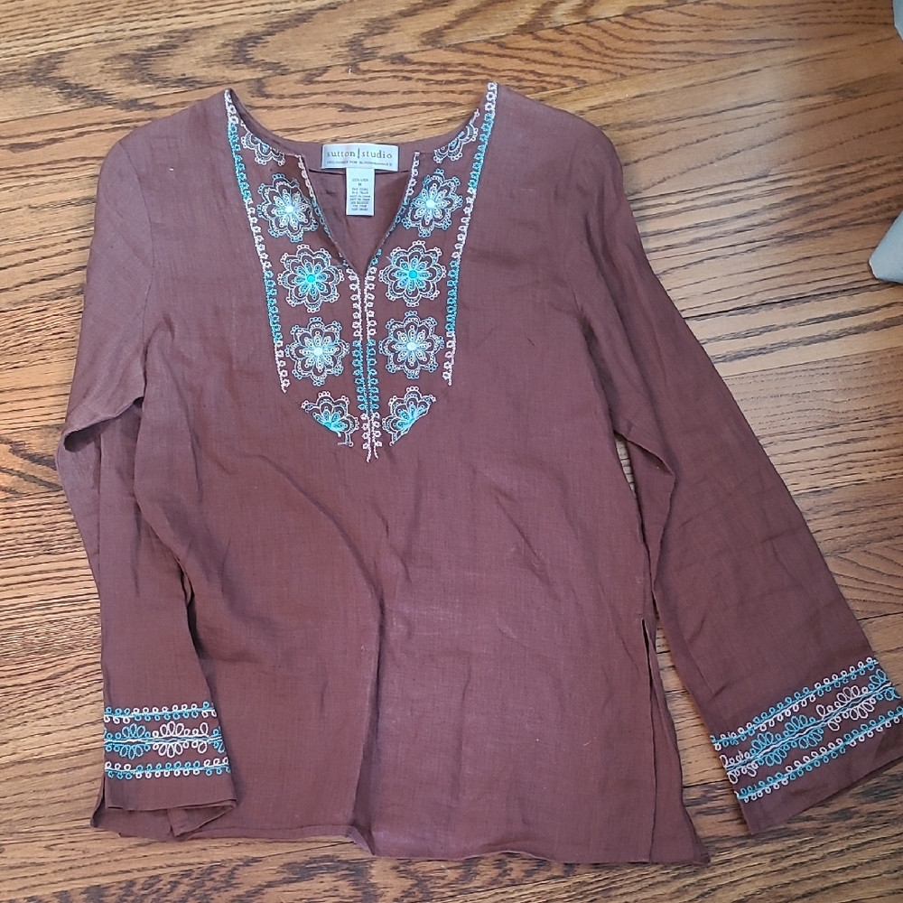 Sutton Studio for Bloomingdale's Brown Embroidered Linen Tunic